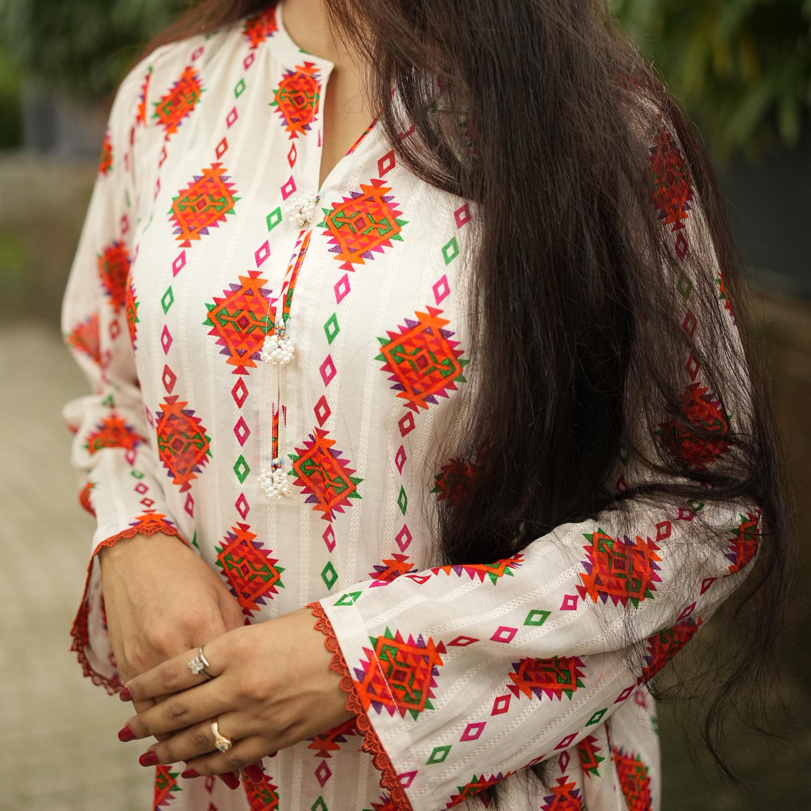 2PC White Lawn Stitched Suit