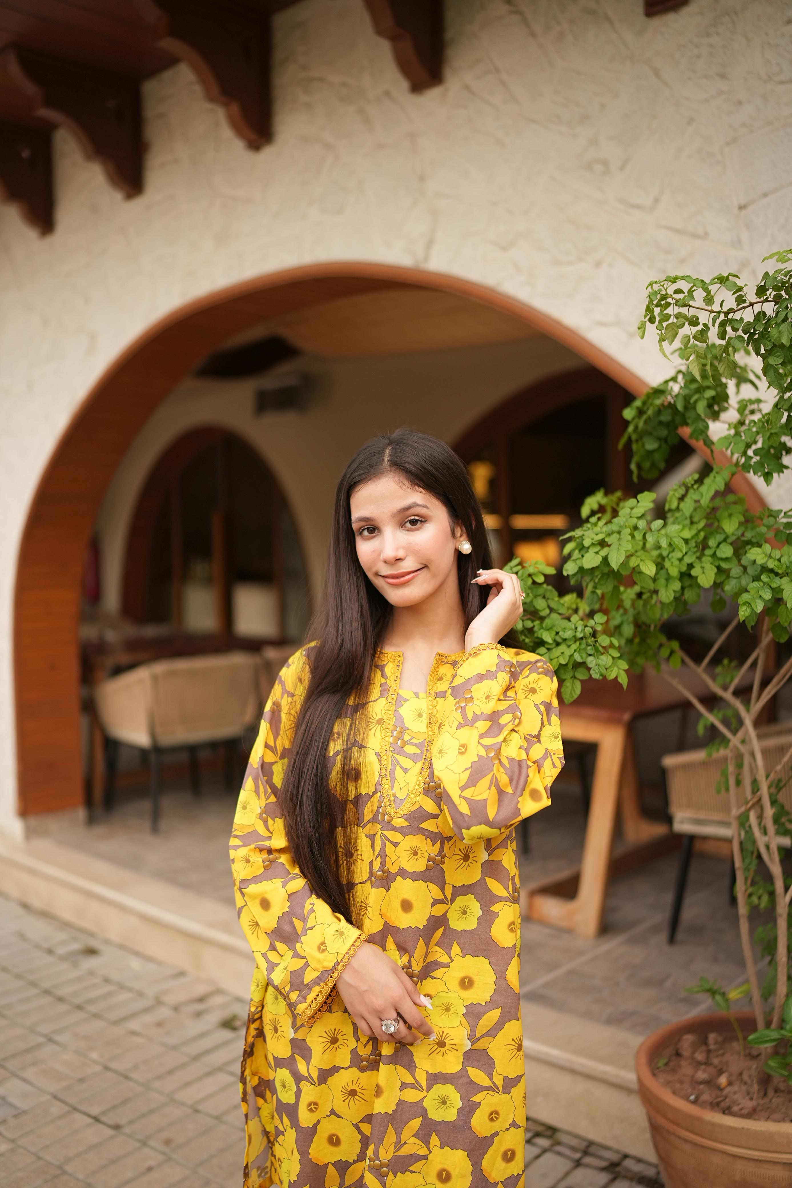 2PC Floral Yellow Lawn Stitched Suit