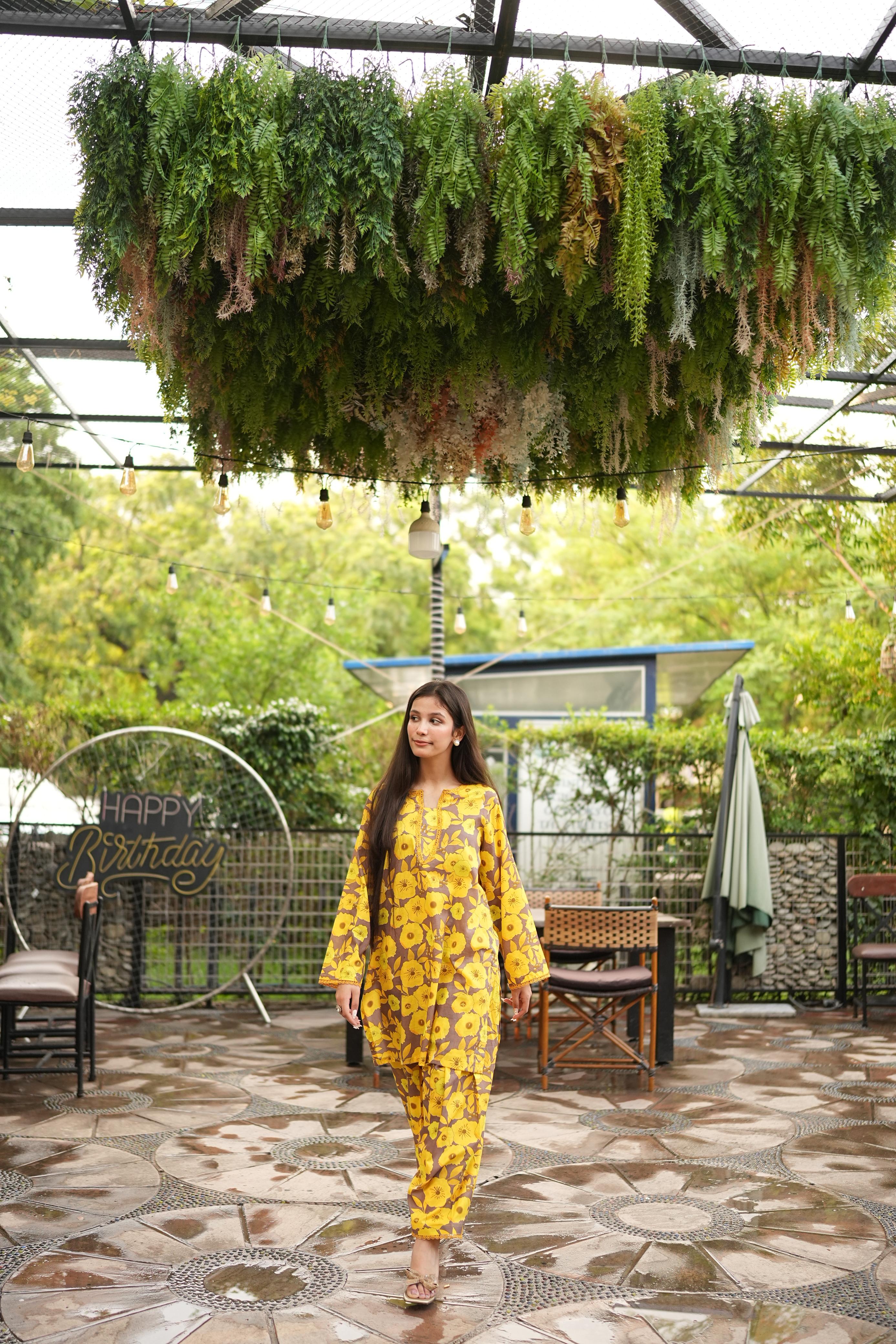 2PC Floral Yellow Lawn Stitched Suit