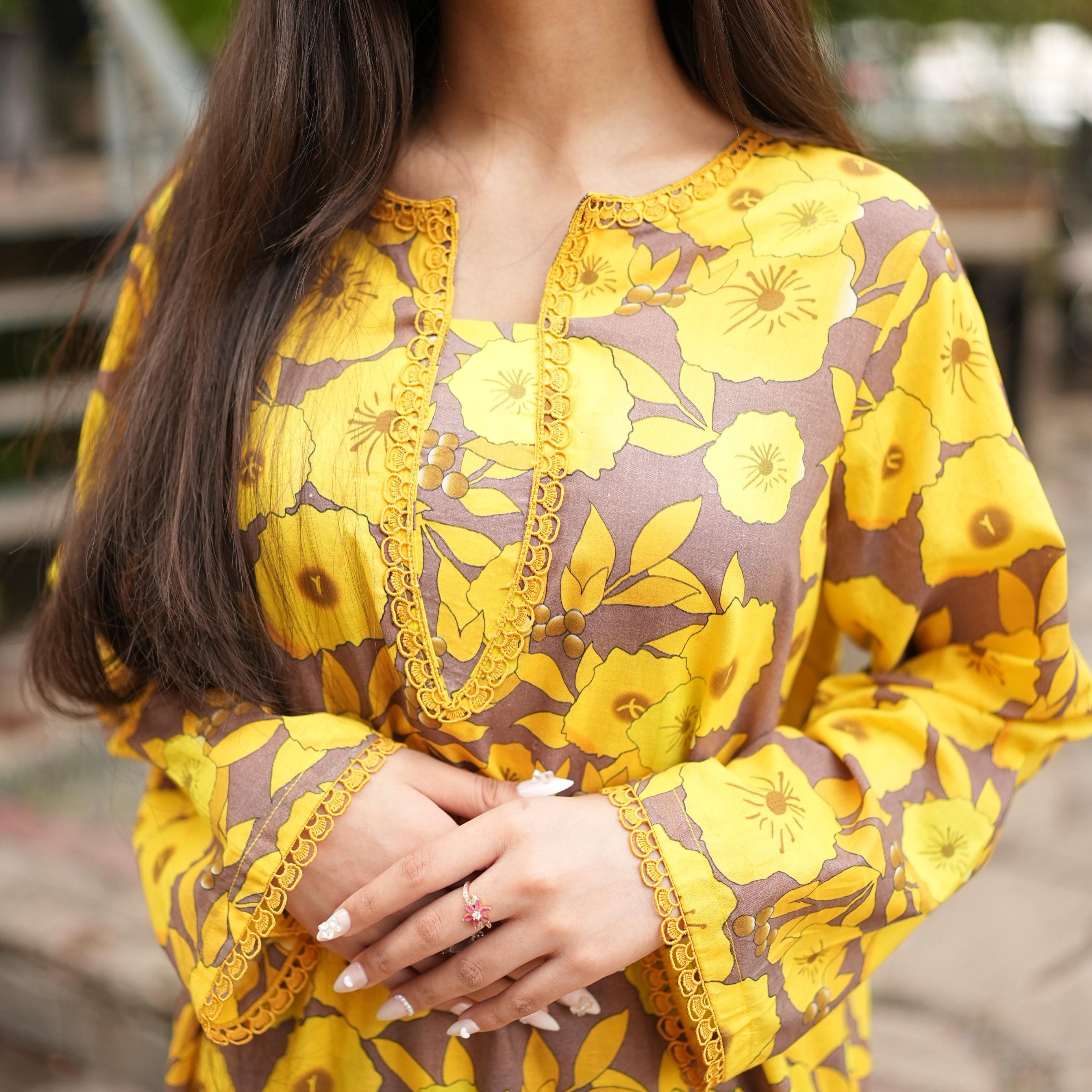 2PC Floral Yellow Lawn Stitched Suit