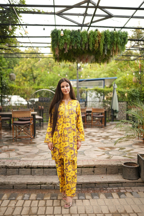 2PC Floral Yellow Lawn Stitched Suit