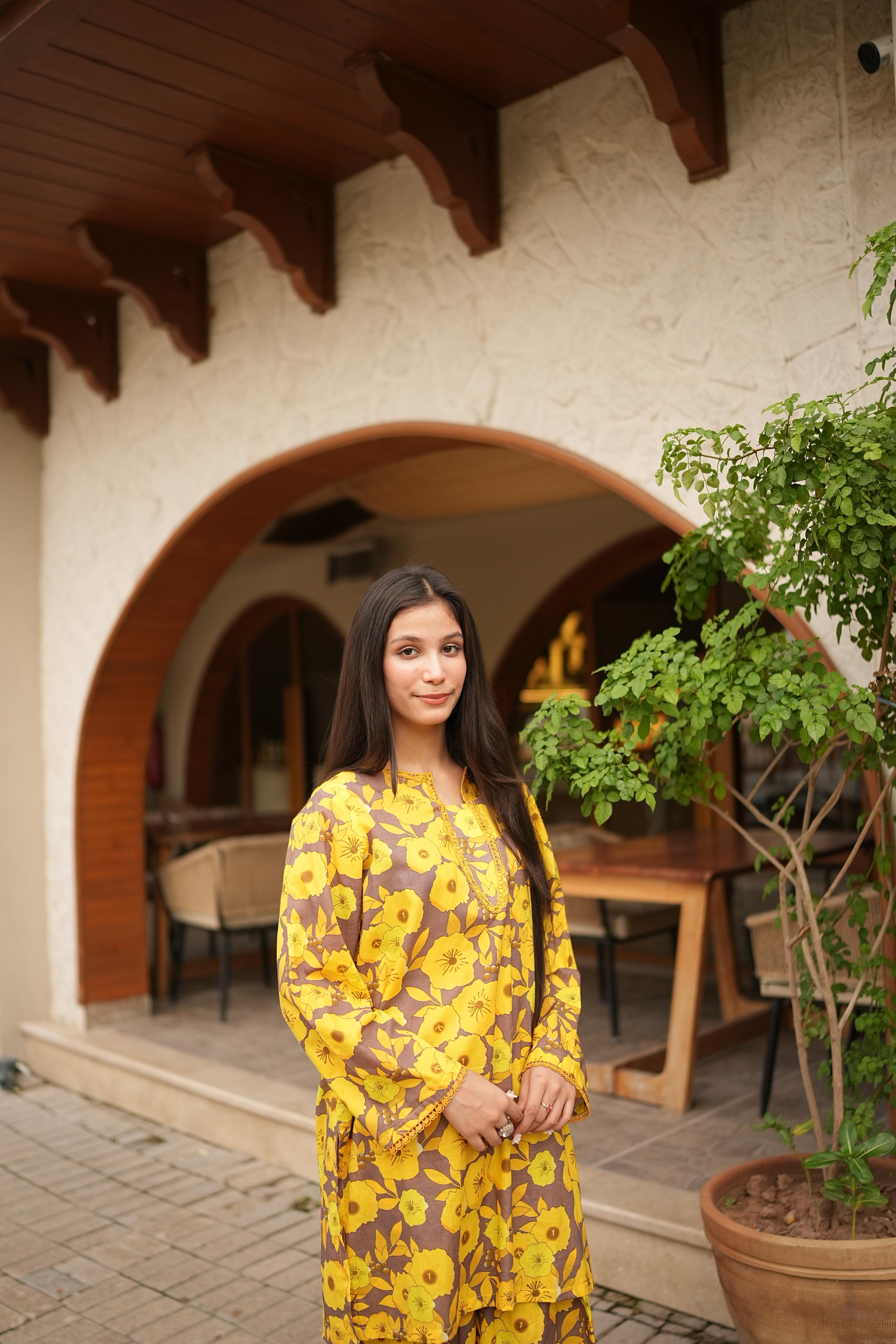2PC Floral Yellow Lawn Stitched Suit
