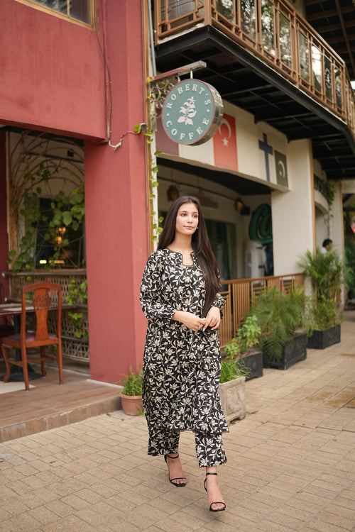 2PC Floral Black Lawn Stitched Suit