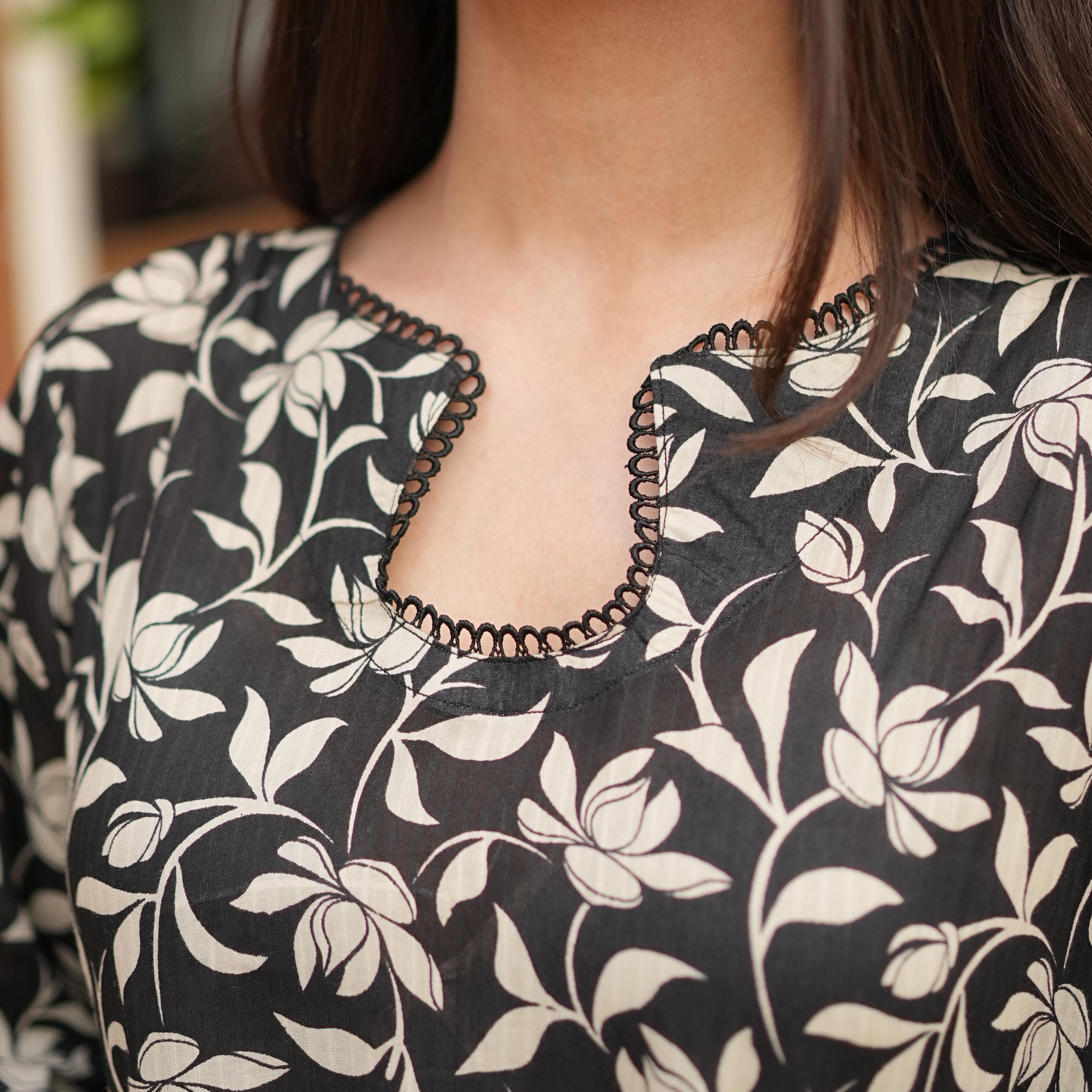 2PC Floral Black Lawn Stitched Suit