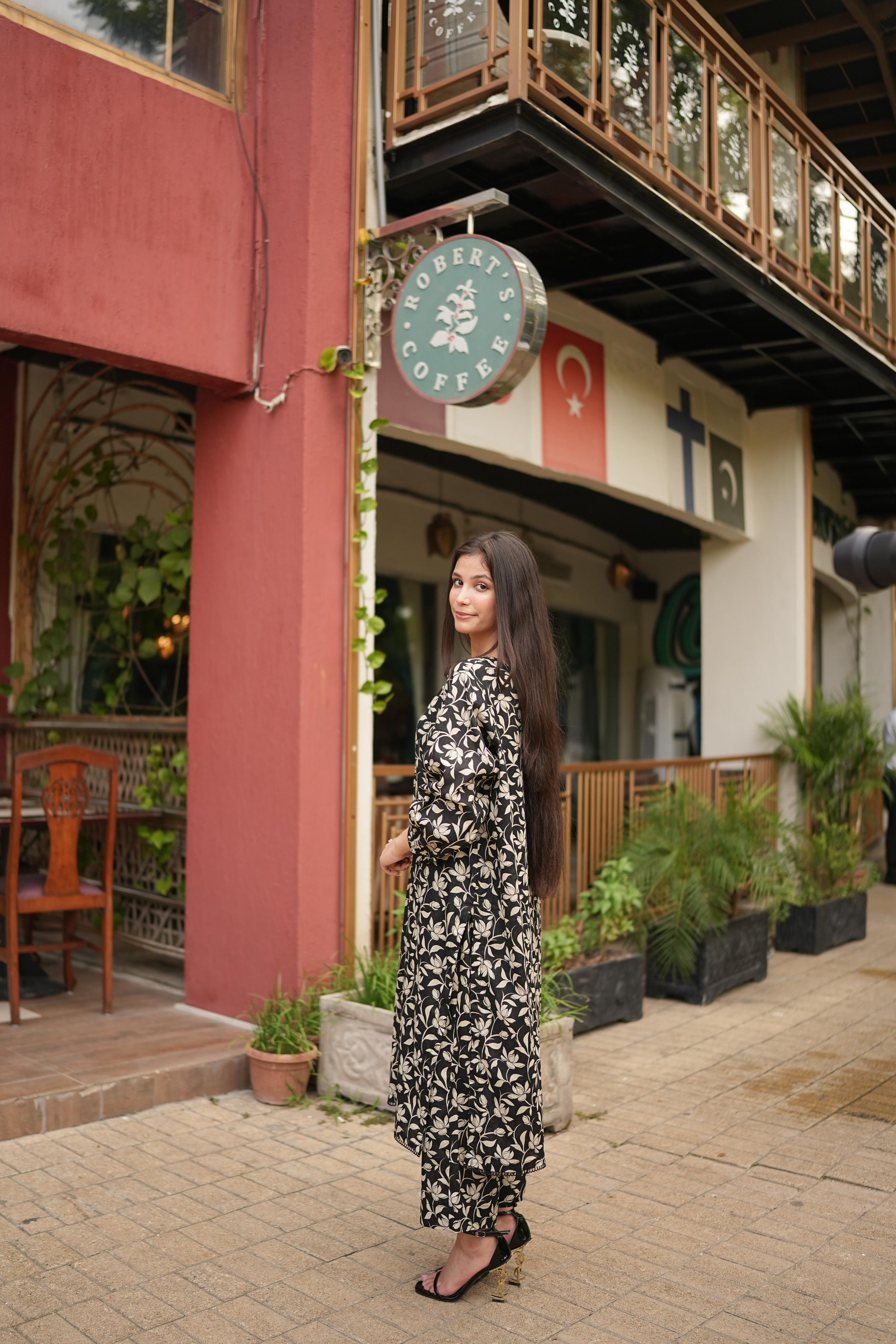 2PC Floral Black Lawn Stitched Suit