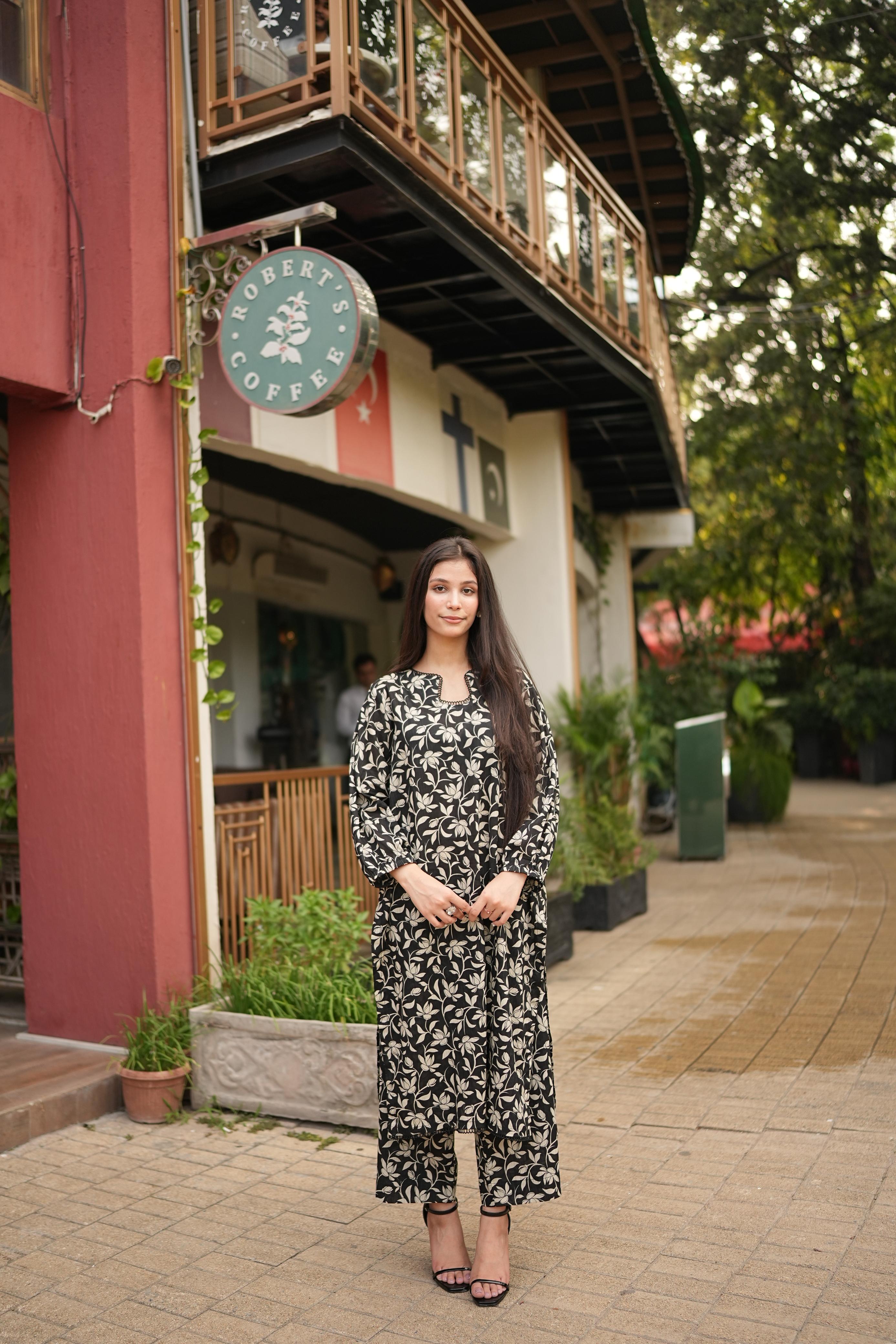 2PC Floral Black Lawn Stitched Suit