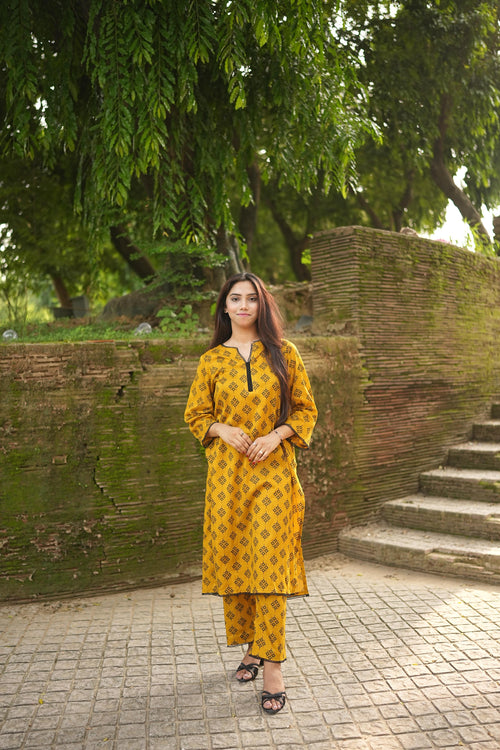 2PC Mustard Lawn Stitched Suit
