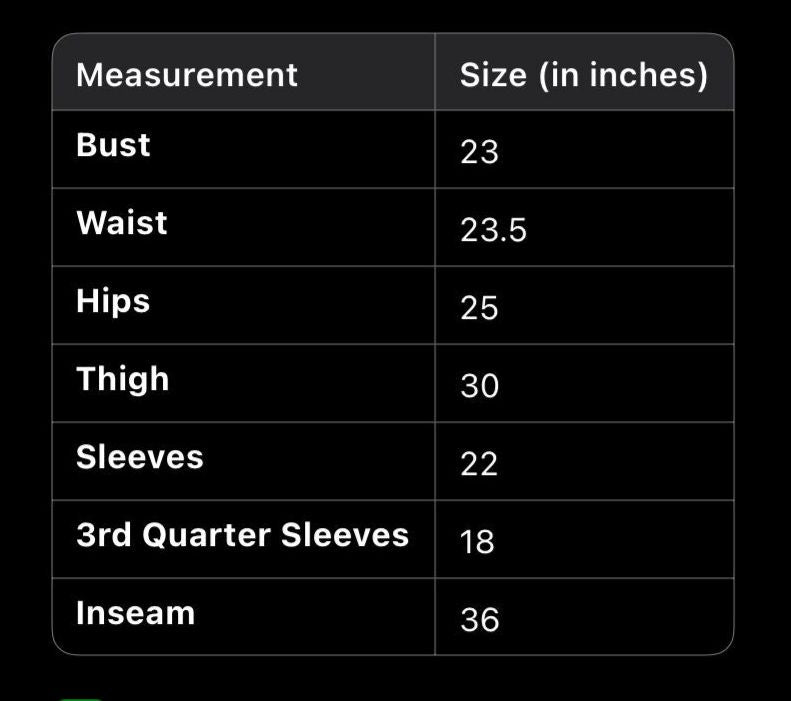 Measurement chart with body part names and corresponding sizes in inches on a black background